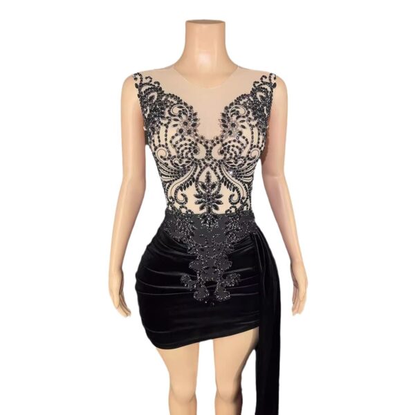 Luxury Socialite Evening Dress – Rhinestone-Embellished Stage Gown with High Waist & Asymmetrical Hem - Image 3