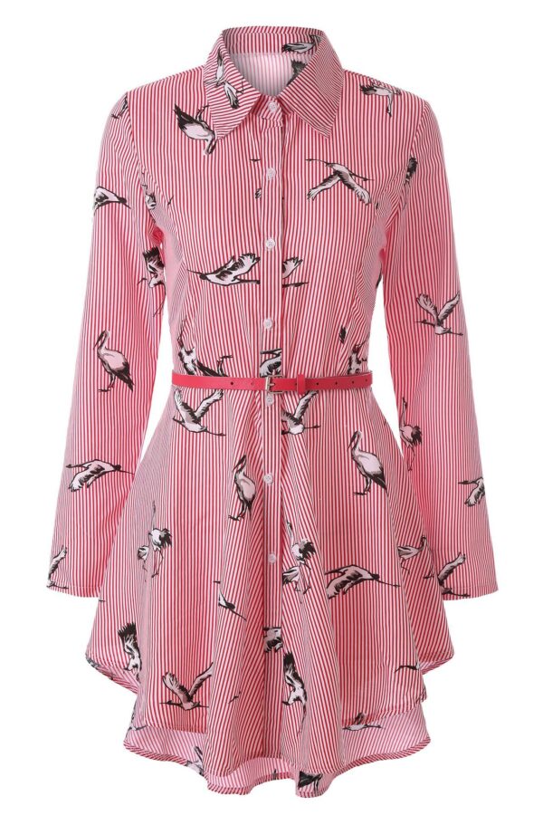 Long Sleeve Striped Shirt Dress – Cotton Euro-Chic Mid Waist with Lace Trim & Irregular Hem - Image 4