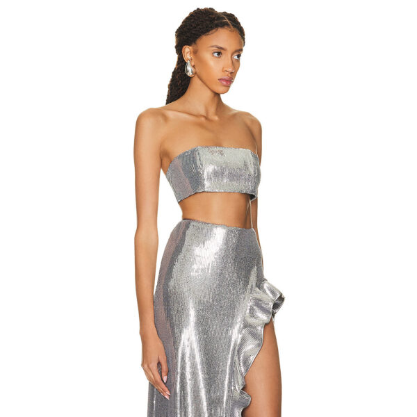 Silver Sequin Skirt Set – High-End Irregular Hem Streetwear with Collage Stitching - Image 3