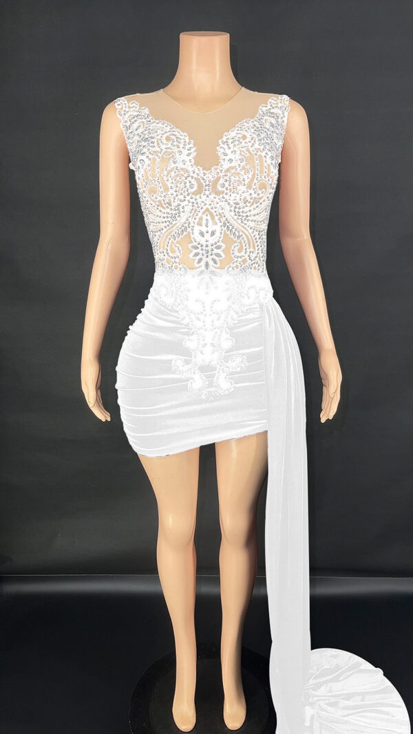 Luxury Socialite Evening Dress – Rhinestone-Embellished Stage Gown with High Waist & Asymmetrical Hem - Image 9