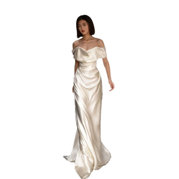 French Off-Shoulder White Wedding Dress – Lightweight Bridal Gown with High Waist & Long Skirt - Image 5