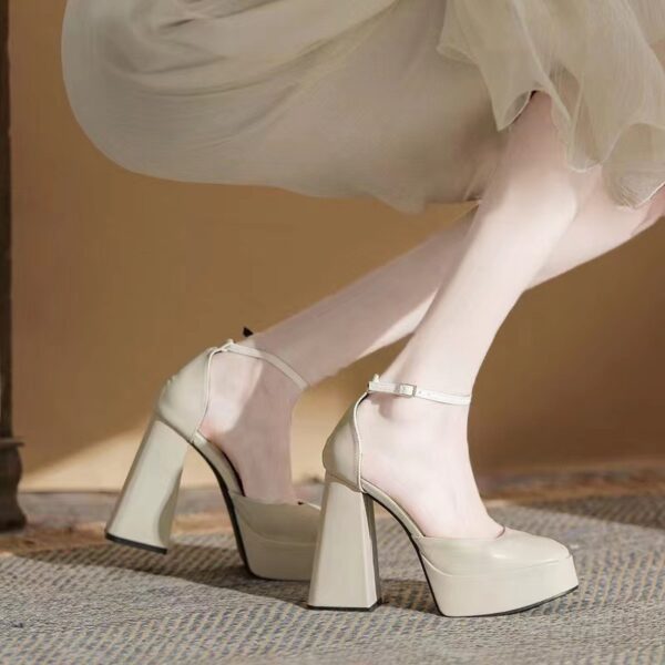 Platform Square-Toe Chunky Heels – National Style Ankle Buckle Pumps with Rubber Sole | 12cm Heel - Image 4