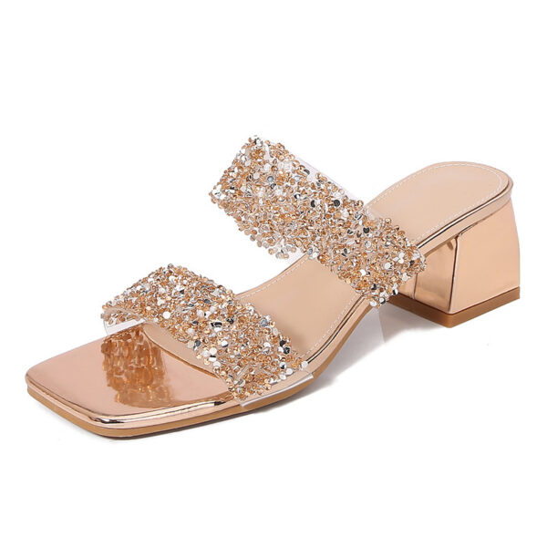 Bohemian Rhinestone Slippers – Korean Style Platform Heels with Square Toe & Rose Gold Finish - Image 2
