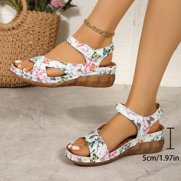 Retro Women's Floral Platform Sandals – Velcro Strap PU Comfort Shoes in Black/White/Khaki - Image 3