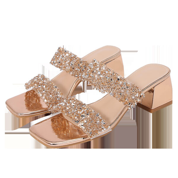 Bohemian Rhinestone Slippers – Korean Style Platform Heels with Square Toe & Rose Gold Finish - Image 4