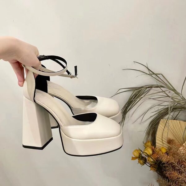 Platform Square-Toe Chunky Heels – National Style Ankle Buckle Pumps with Rubber Sole | 12cm Heel - Image 2