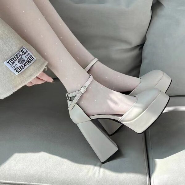 Platform Square-Toe Chunky Heels – National Style Ankle Buckle Pumps with Rubber Sole | 12cm Heel