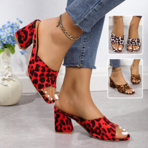 Leopard Print Chunky Heel Sandals – Women’s Square-Toe Summer Slippers with PU Upper & Rubber Sole