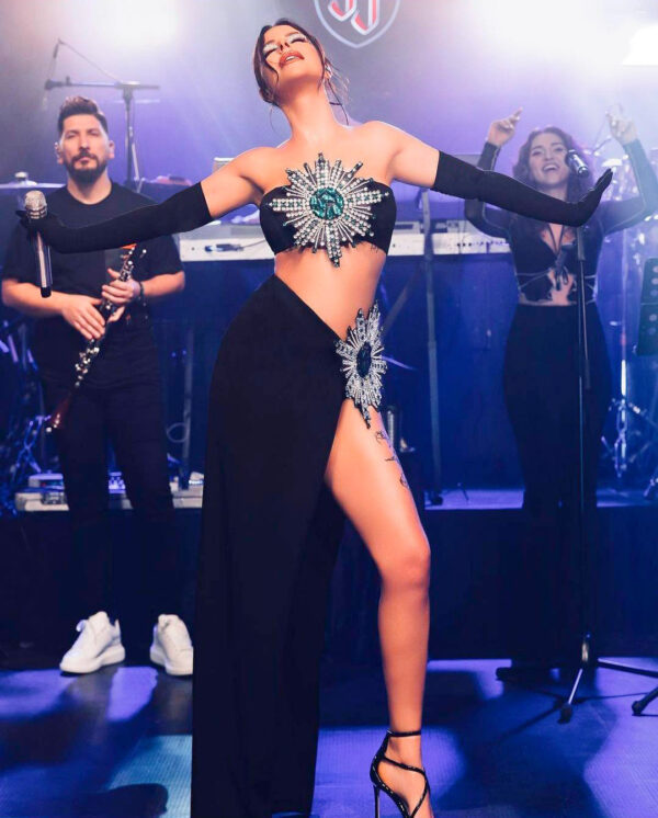 Shiny Rhinestone Tube Top & High Slit Skirt Bandage Set – Street Hipster 3D Sun Pattern Bodycon Outfit - Image 2