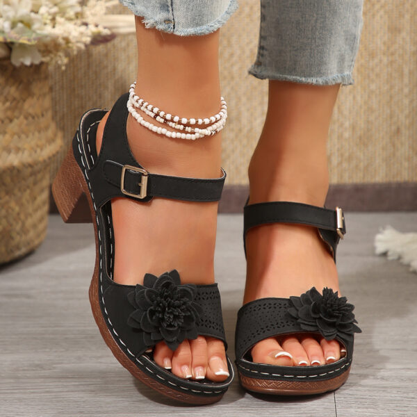 Women's Floral Chunky Heel Sandals – Summer Platform Shoes with T-Strap Buckle, Wide Fit Sizes - Image 7