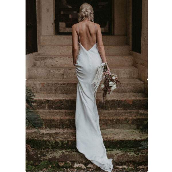 White Evening Gown with Train – Deep V-Neck Long Dress with Cutouts for Weddings, Quinceañera & Parties - Image 2