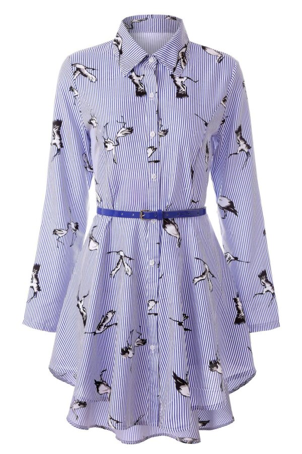 Long Sleeve Striped Shirt Dress – Cotton Euro-Chic Mid Waist with Lace Trim & Irregular Hem - Image 2