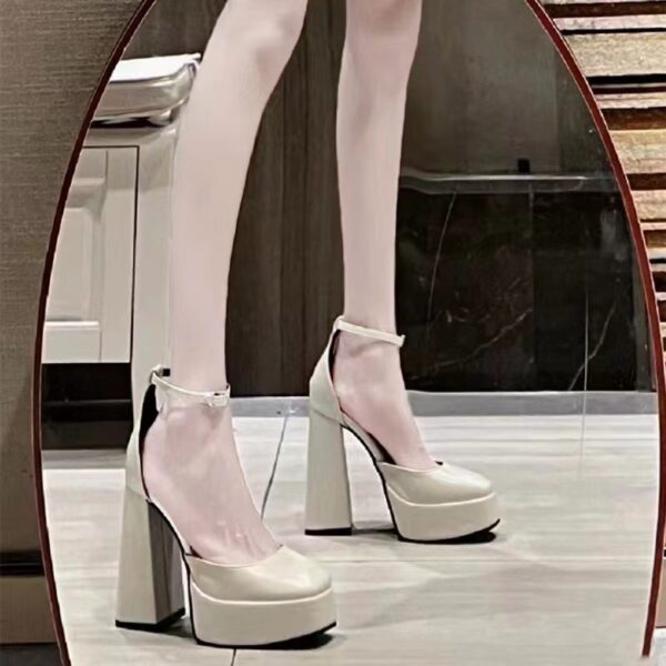 Platform Square-Toe Chunky Heels – National Style Ankle Buckle Pumps with Rubber Sole | 12cm Heel - Image 6