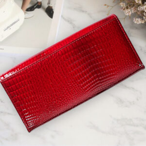 Patent Leather Crocodile-Embossed Women's Wallet – Anti-Theft Red Clutch with High-Grade Lock & Expandable Design