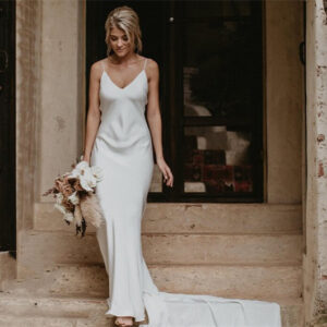 White Evening Gown with Train – Deep V-Neck Long Dress with Cutouts for Weddings, Quinceañera & Parties