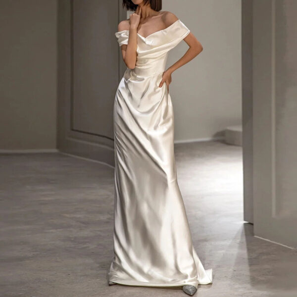French Off-Shoulder White Wedding Dress – Lightweight Bridal Gown with High Waist & Long Skirt - Image 3