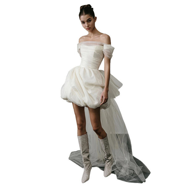 Off-Shoulder Short Wedding Dress – Lightweight White Bridal Gown with Adjustable Straps & High Waist - Image 6