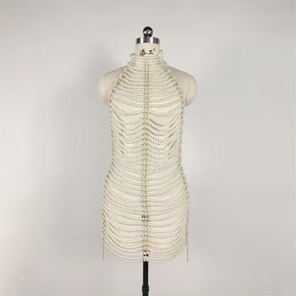 Beaded Halter Dress – TR Fabric Mini Party Gown with Mid Waist & One-Step Skirt | Ivory White - Image 5