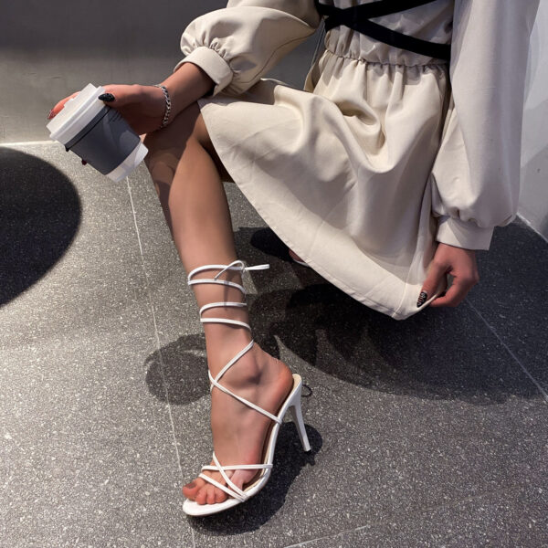 Women's Stiletto Heel Sandals – Cross-Band PU Leather Platform Heels in White, Black & Orange - Image 5