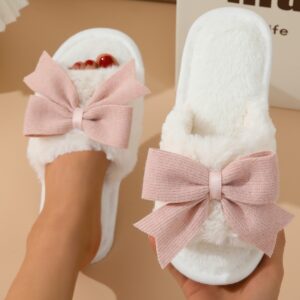 Women's Winter Plush Slippers – Non-Slip Thick Sole Cotton House Shoes with Cute Bow