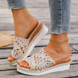 Women’s Thick-Soled Fish Mouth Slippers – Colorful Woven Hemp Rope Sandals | PU Comfort