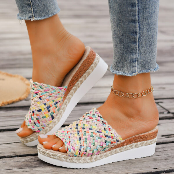 Women’s Thick-Soled Fish Mouth Slippers – Colorful Woven Hemp Rope Sandals | PU Comfort