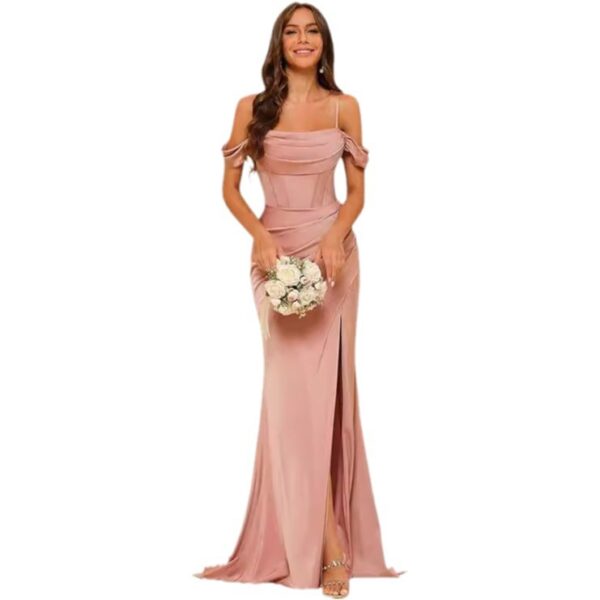 Off-the-Shoulder Satin Bridesmaid Dress – Corset Ball Gown with Mid Waist & Suspenders - Image 6