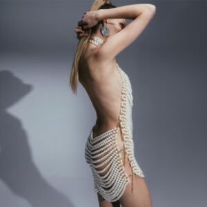 Beaded Halter Dress – TR Fabric Mini Party Gown with Mid Waist & One-Step Skirt | Ivory White