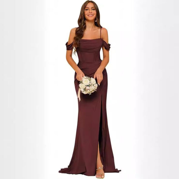 Off-the-Shoulder Satin Bridesmaid Dress – Corset Ball Gown with Mid Waist & Suspenders - Image 9