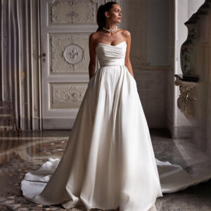 Ivory White Satin Tube Top Evening Dress – High Waist Beaded Long Gown for Women