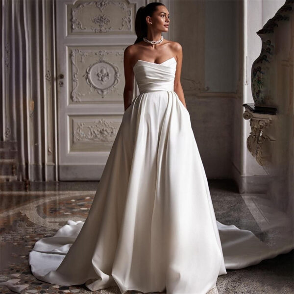 Ivory White Satin Tube Top Evening Dress – High Waist Beaded Long Gown for Women