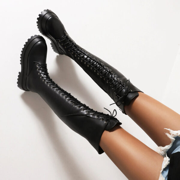 Punk Platform Boots – Over-the-Knee Lace-Up Combat Boots with Waterproof PU & Chunky Heel | Winter, Autumn, Spring - Image 4