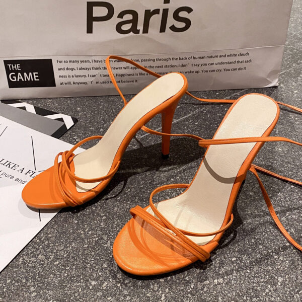 Women's Stiletto Heel Sandals – Cross-Band PU Leather Platform Heels in White, Black & Orange - Image 3