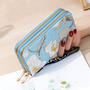 Double Zipper Wallet – Large-Capacity PU Leather Clutch with Floral Accents | Urban Minimalist Style