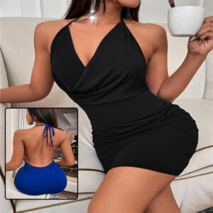 Summer Halter Dress – Deep V-Neck Sling Backless Dress with High Waist & Midi Skirt