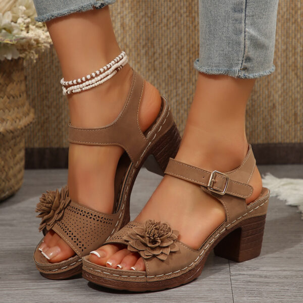 Women's Floral Chunky Heel Sandals – Summer Platform Shoes with T-Strap Buckle, Wide Fit Sizes - Image 9