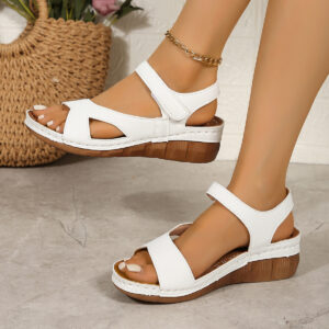 Retro Women's Floral Platform Sandals – Velcro Strap PU Comfort Shoes in Black/White/Khaki