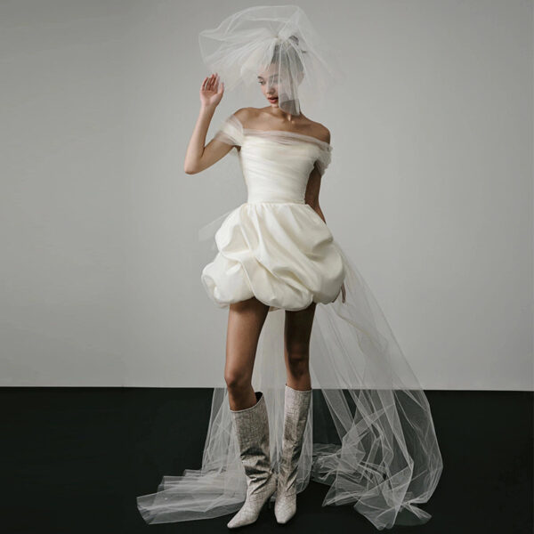 Off-Shoulder Short Wedding Dress – Lightweight White Bridal Gown with Adjustable Straps & High Waist - Image 5