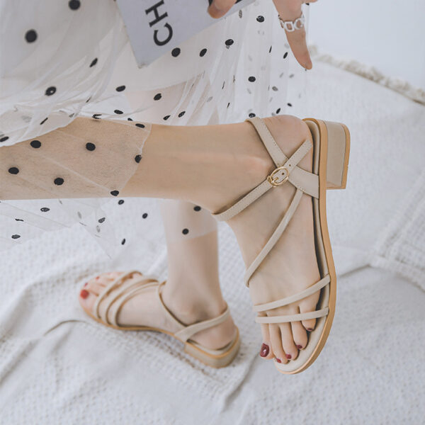 Women’s Korean Style Roman Sandals – Mid-Heel Round Toe Chunky Heels with Buckle Strap & Non-Slip Sole | Apricot - Image 6