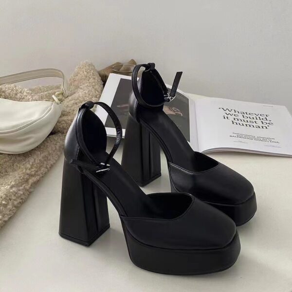 Platform Square-Toe Chunky Heels – National Style Ankle Buckle Pumps with Rubber Sole | 12cm Heel - Image 7