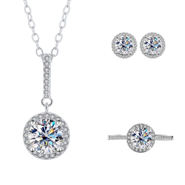 Moissanite Three-Piece Jewelry Set – S925 Sterling Silver Round Bag Necklace, Ring & Earrings with Rose & Camellia Petal Design | GRA Certified - Image 4