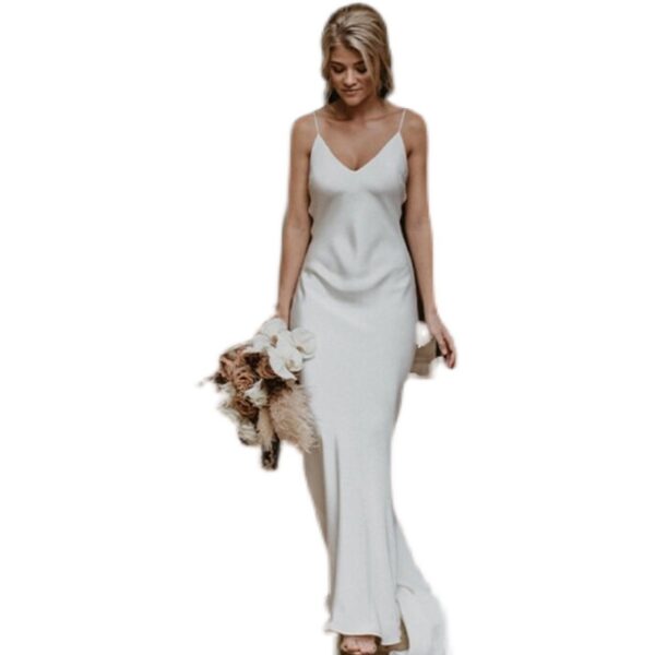 White Evening Gown with Train – Deep V-Neck Long Dress with Cutouts for Weddings, Quinceañera & Parties - Image 3