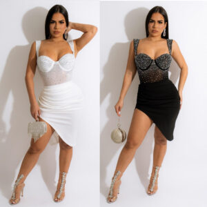 Rhinestone Sling Backless Two-Piece Set – Korean Milk Silk Commute Outfit in White & Black