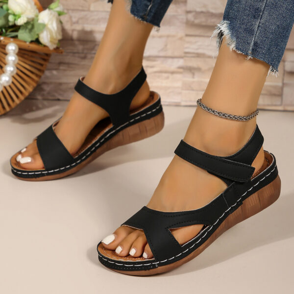 Retro Women's Floral Platform Sandals – Velcro Strap PU Comfort Shoes in Black/White/Khaki - Image 7
