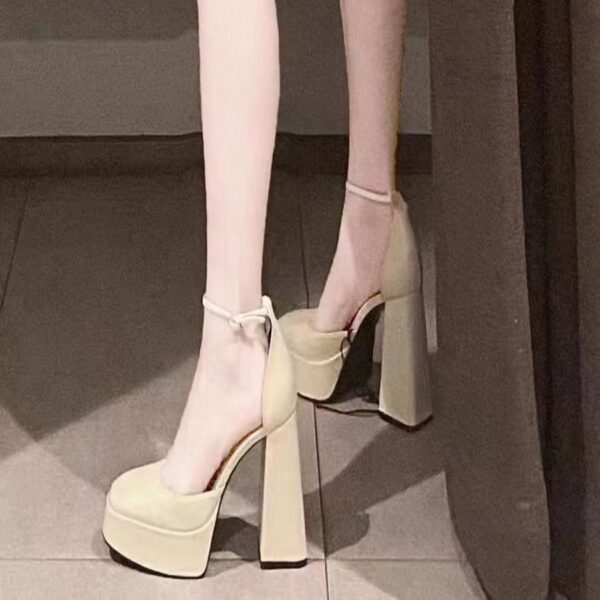 Platform Square-Toe Chunky Heels – National Style Ankle Buckle Pumps with Rubber Sole | 12cm Heel - Image 5