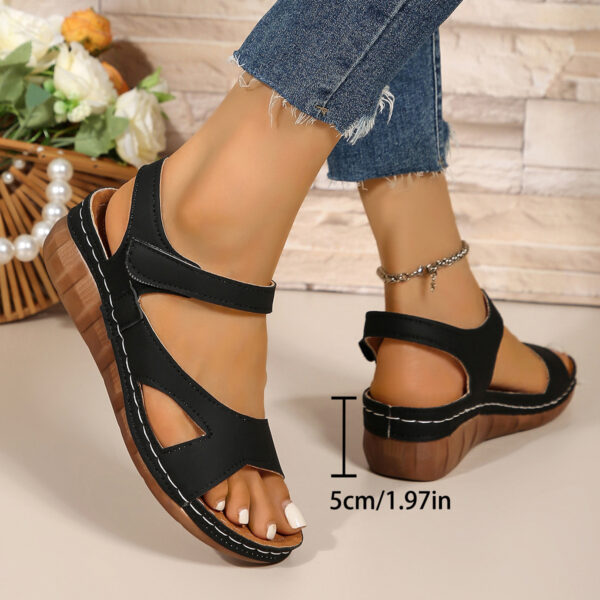 Retro Women's Floral Platform Sandals – Velcro Strap PU Comfort Shoes in Black/White/Khaki - Image 2