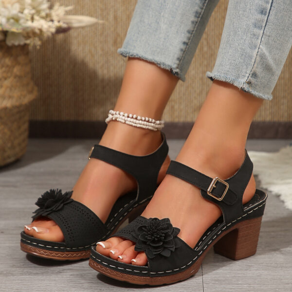 Women's Floral Chunky Heel Sandals – Summer Platform Shoes with T-Strap Buckle, Wide Fit Sizes - Image 3