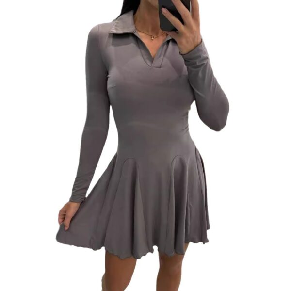 Women’s Solid Color Lapel Dress – Waist-Tight Long Sleeve with Ruffled Flounce Skirt | Gray, Brown, Black - Image 7