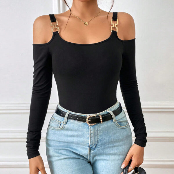 Off-Shoulder Suspender Top – Long Sleeve Sexy Knitted Blouse with Metal Hooks | Slim Fit Spring-Summer Fashion - Image 3