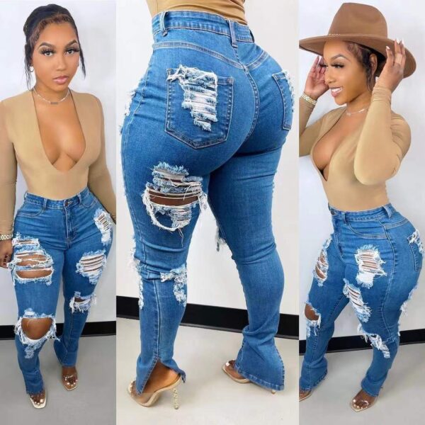Women’s Burnt Flower Ripped Jeans – Mid Waist Distressed Denim for Street Style | Blue